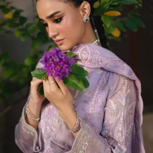 Freesia Gauri Premium 3-Piece Embroidered Chiffon Gaya Unstitched Set – Chiffon Shirt, Grip Bottom & Chiffon Dupatta – Elegant Orchid & Light Purple Design
