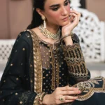 Freesia Amal Premium 3-Piece Embroidered Chiffon Gaya Unstitched Set – Chiffon Shirt, Grip Bottom, Chiffon Dupatta – Elegant Black & Gold Design