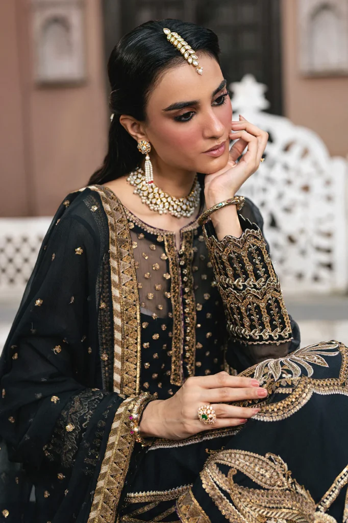 Freesia Amal Premium 3-Piece Embroidered Chiffon Gaya Unstitched Set – Chiffon Shirt, Grip Bottom, Chiffon Dupatta – Elegant Black & Gold Design