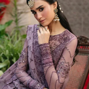 Freesia Geetanjali Premium 3-Piece Embroidered Chiffon Gaya Unstitched Set – Chiffon Shirt, Grip Bottom & Chiffon Dupatta – Elegant Ash Rose & Purple Design