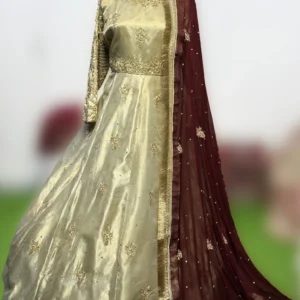 Freesia Luxury Gold Unstitched 3-Piece Suit with Heavy Golden Embroidery & Maroon Dupatta