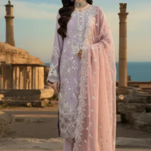 Imrozia Serene I-239 Ayluna Premium Embroidered Pure Bamber Chiffon Unstitched Suit with Organza Borders & Raw Silk Trouser – Light Purple