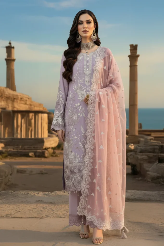 Imrozia Serene I-239 Ayluna Premium Embroidered Pure Bamber Chiffon Unstitched Suit with Organza Borders & Raw Silk Trouser – Light Purple
