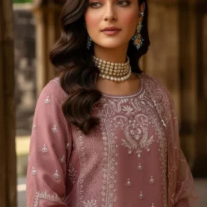 Imrozia Serene I-247 Aysel Embroidered Pure Bamber Chiffon – Tea Pink