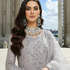 Imrozia Serene I-248 Feray Embroidered Pure Bamber Chiffon – Light Grey