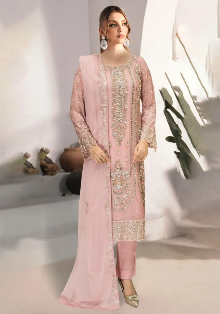 Ramsha WF-530 – Luxury Chiffon Embroidered 3 Piece Brown Suit
