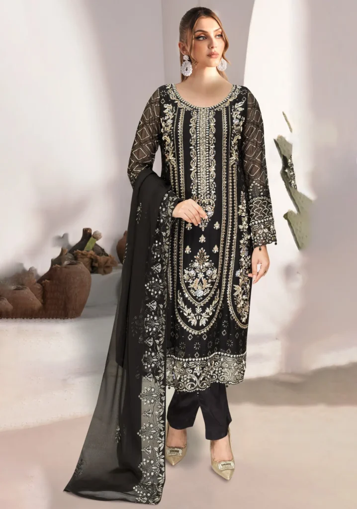 Ramsha WD-530 – Luxury Chiffon Embroidered 3 Piece Black Suit