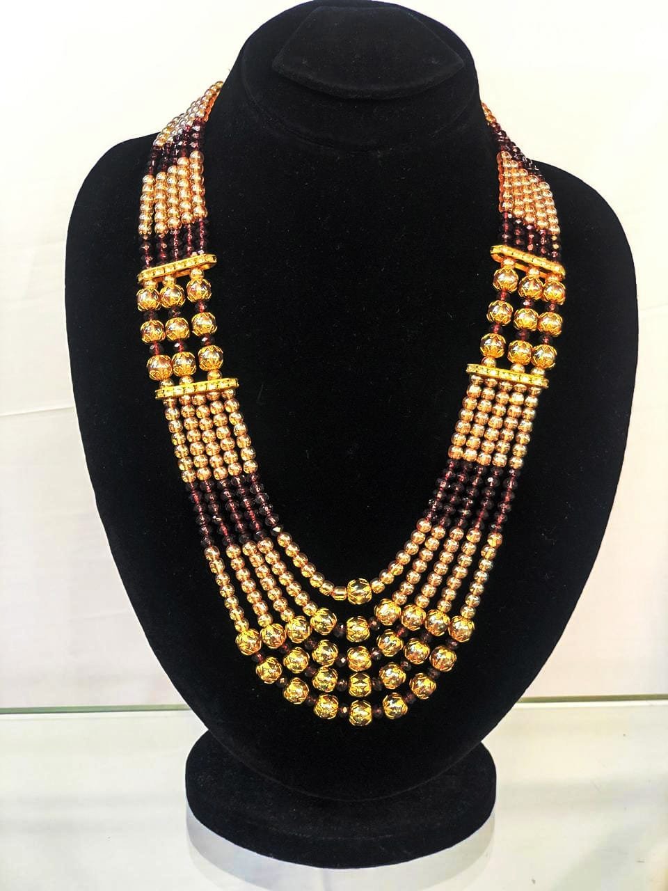 Golden & Maroon Multi-Layer Beaded Necklace