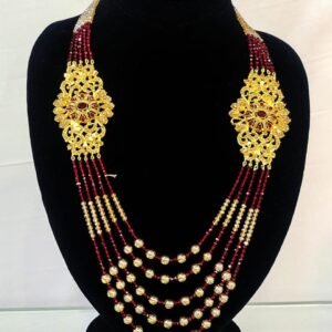 Dual Floral Kundan Motif Necklace with Red & Gold Beads