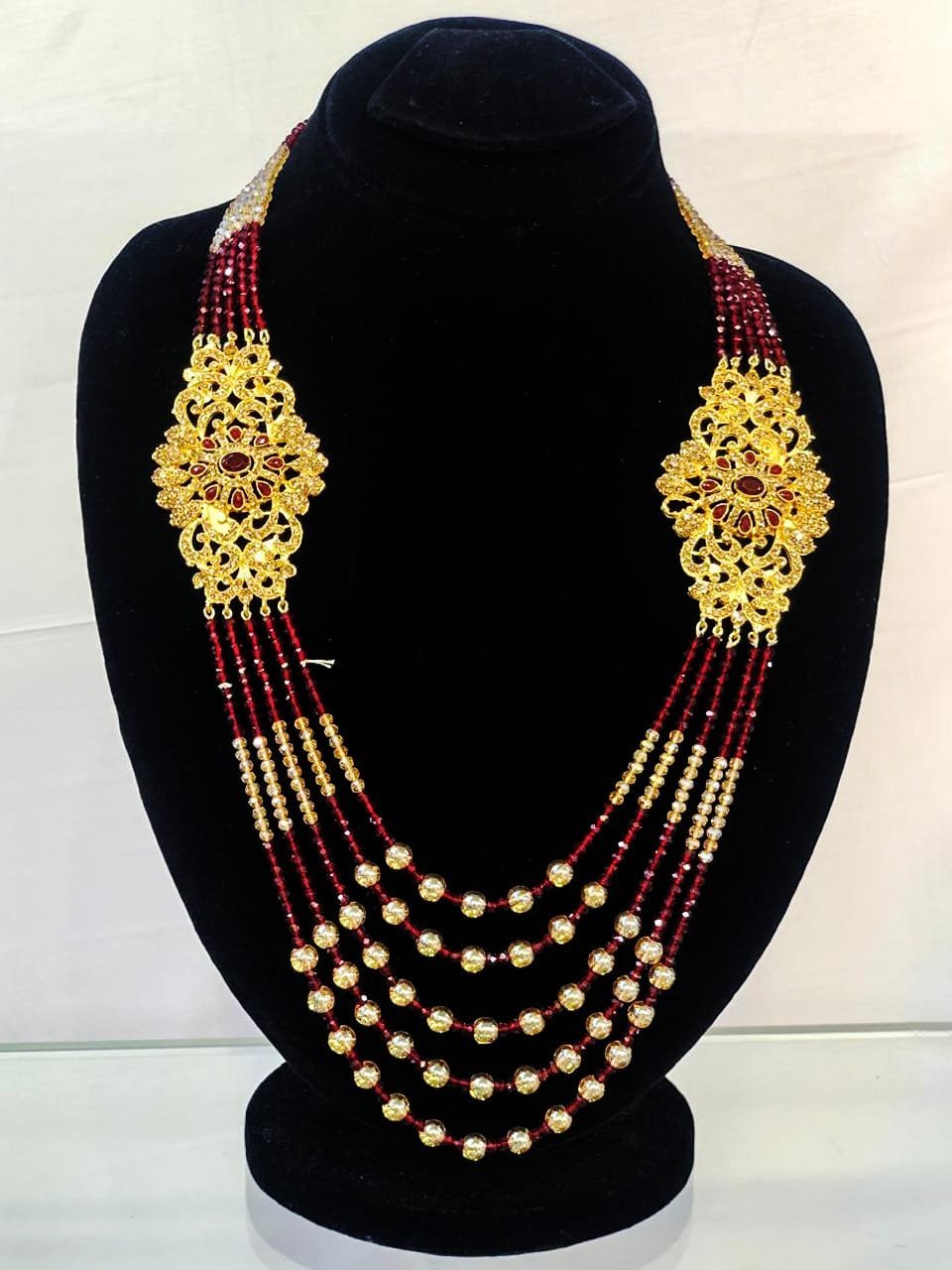 Dual Floral Kundan Motif Necklace with Red & Gold Beads