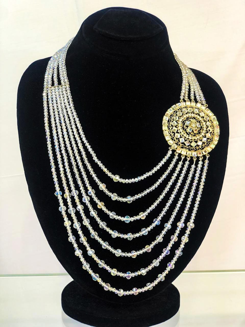Crystal Multi-Layer Beaded Necklace with Golden Pendant