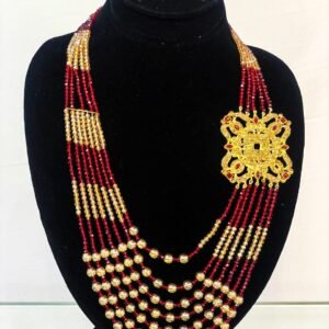 Red & Golden Beaded Necklace with Floral Brooch