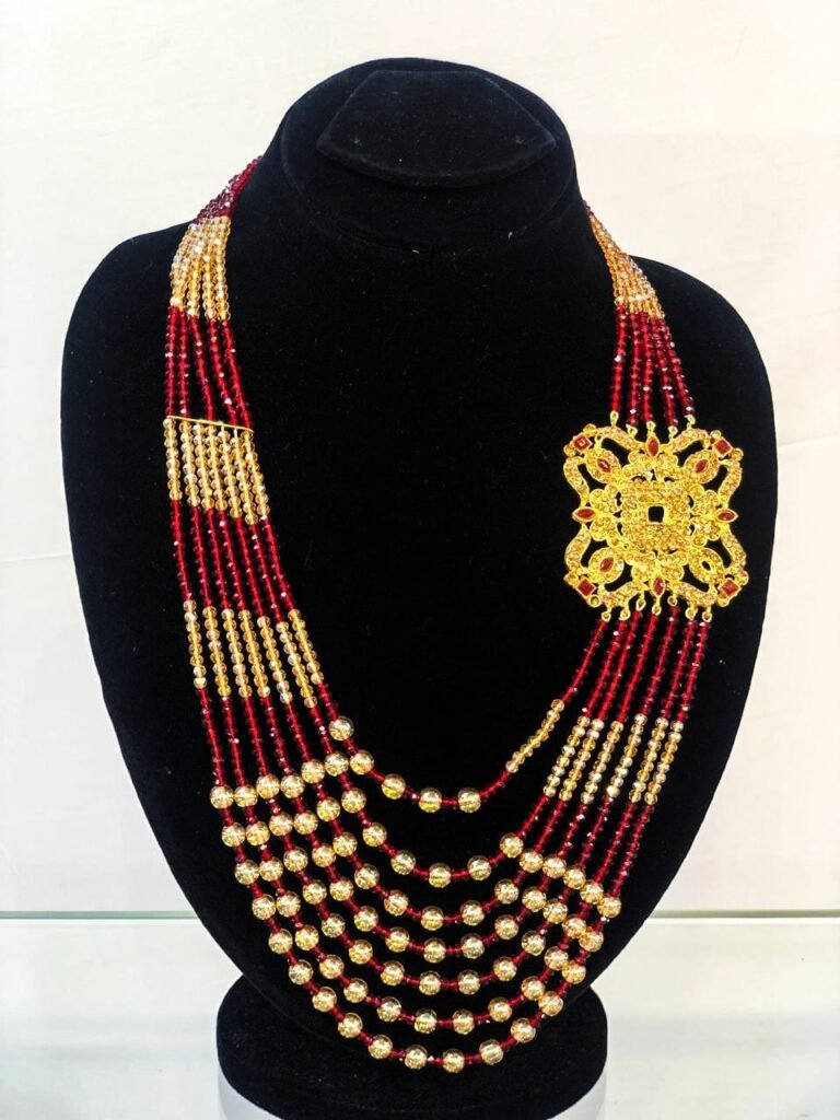 Red & Golden Beaded Necklace with Floral Brooch