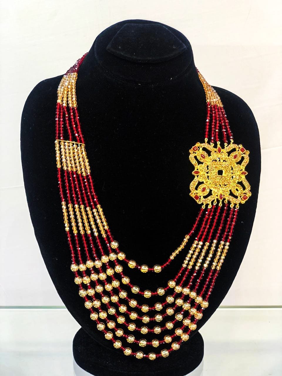 Red & Golden Beaded Necklace with Floral Brooch