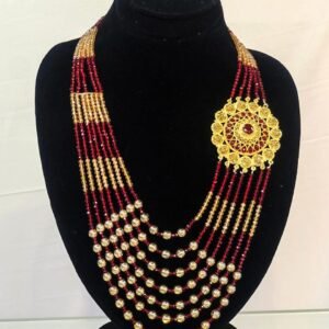 Red & Gold Beaded Multi-Layer Necklace with Kundan Pendant