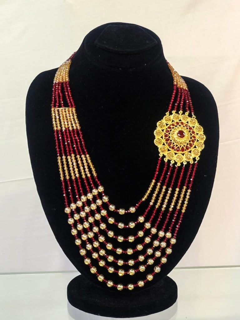 Red & Gold Beaded Multi-Layer Necklace with Kundan Pendant
