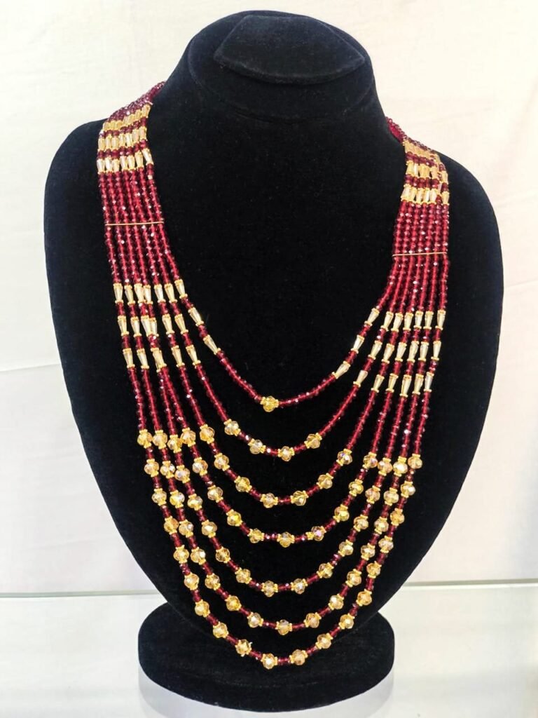 Maroon & Gold Crystal Beaded Multi-Layer Necklace