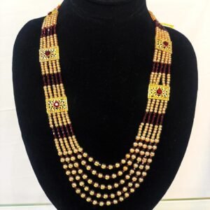 Antique Gold & Maroon Beaded Necklace with Square Motifs