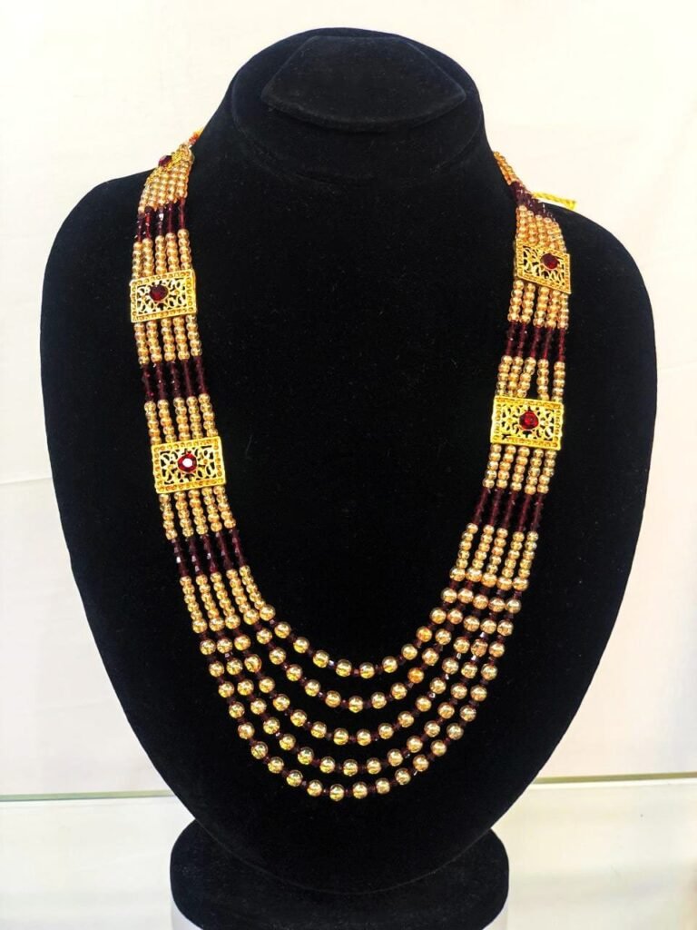 Antique Gold & Maroon Beaded Necklace with Square Motifs