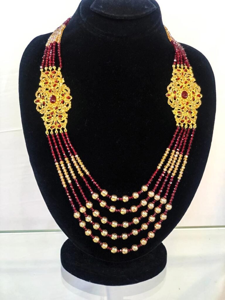 Classic Red & Gold Beaded Necklace with Oval Motifs  Title: