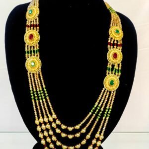 Multi-Layer Golden Beaded Necklace with Round Stone Motifs