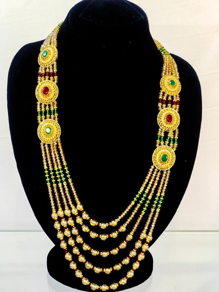 Multi-Layer Golden Beaded Necklace with Round Stone Motifs
