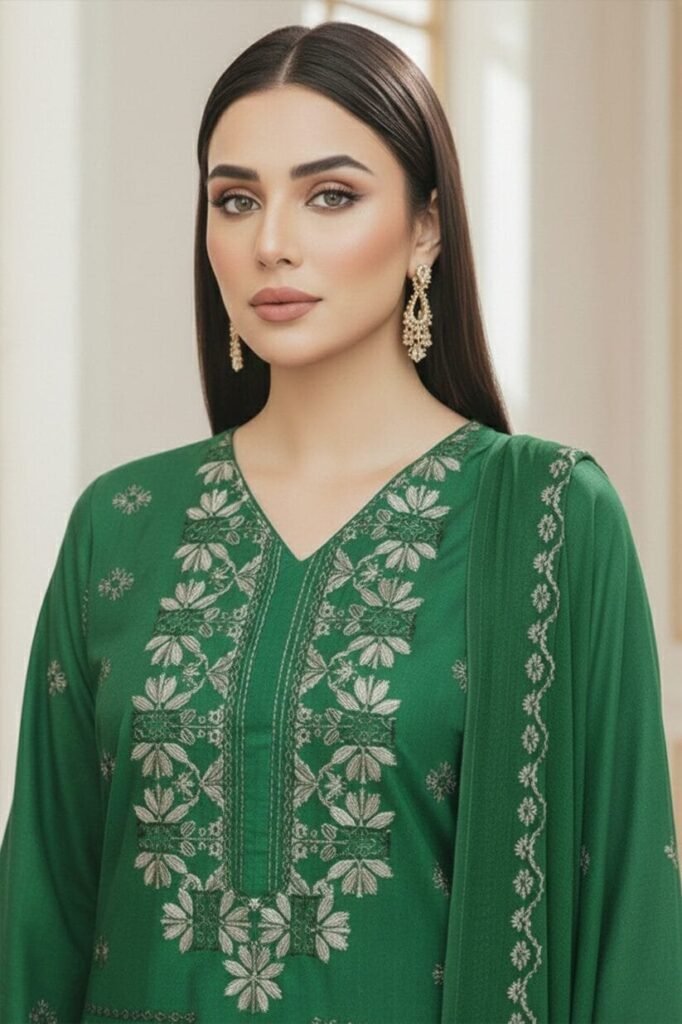 Ayla Zahra Gazal Green Allover Embroidered Karandi Suit with Embroidered Chiffon Dupatta – KR-107