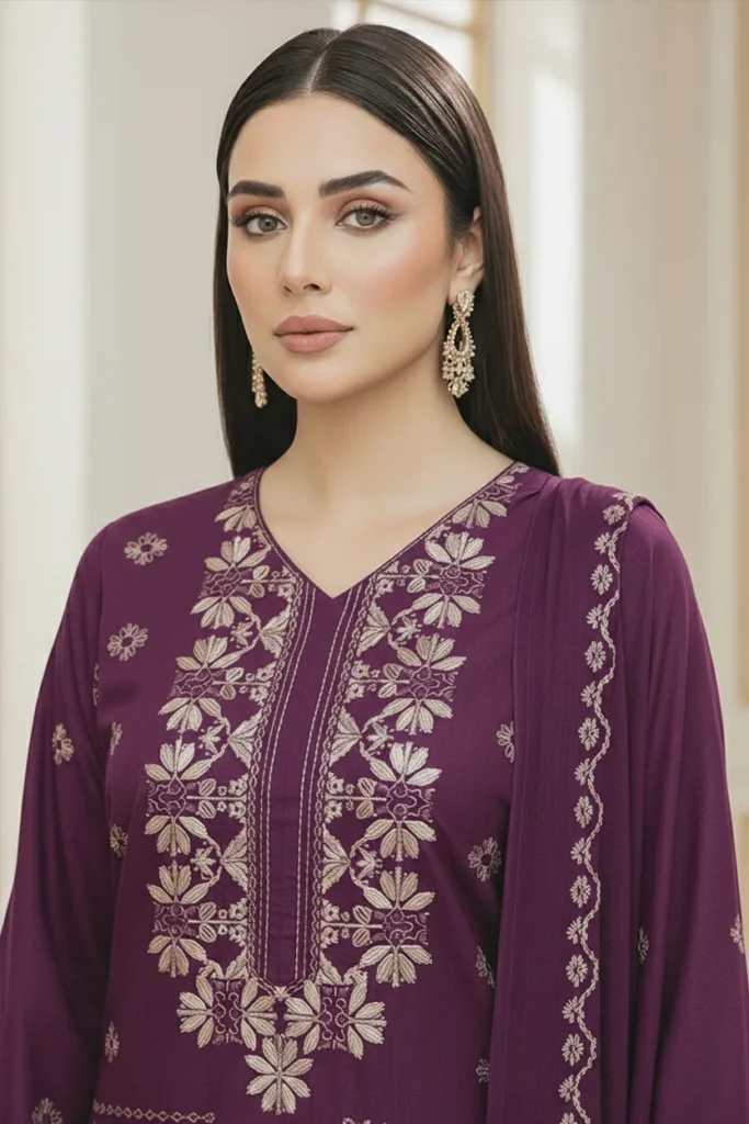 Ayla Zahra Gazal Purple Allover Embroidered Karandi Suit with Chiffon Dupatta – KR-107 | Premium
