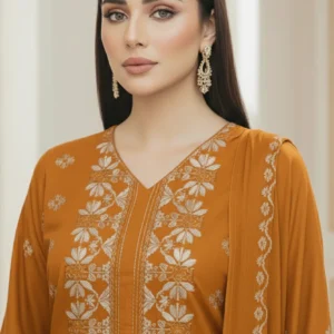 Ayla Zahra Gazal Mustard Embroidered Karandi Suit with Chiffon Dupatta – KR-107