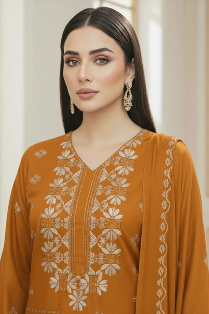 Ayla Zahra Gazal Mustard Embroidered Karandi Suit with Chiffon Dupatta – KR-107
