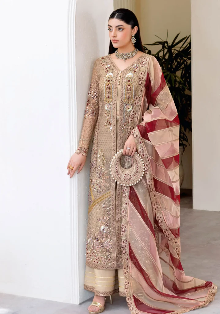 Ramsha Wedding Collection Vol 05 – H-508 Beige & Maroon Net Embroidered Luxury Formal Suit