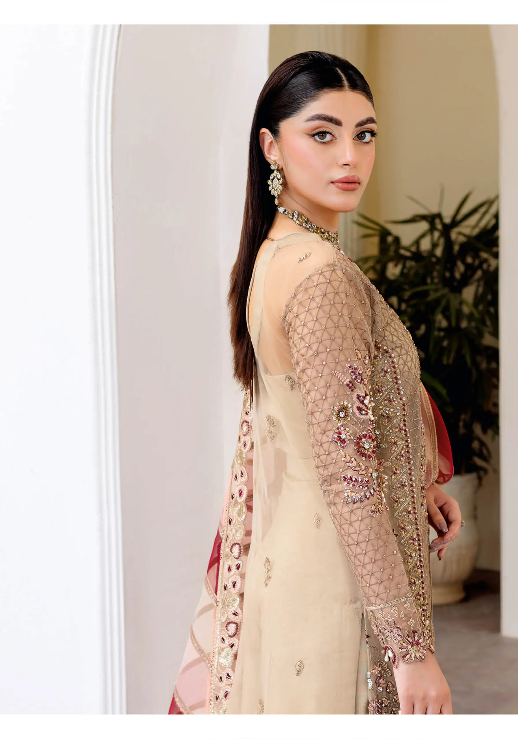 Ramsha Wedding Collection Vol 05 – H-508 Beige & Maroon Net Embroidered Luxury Formal Suit - Image 2
