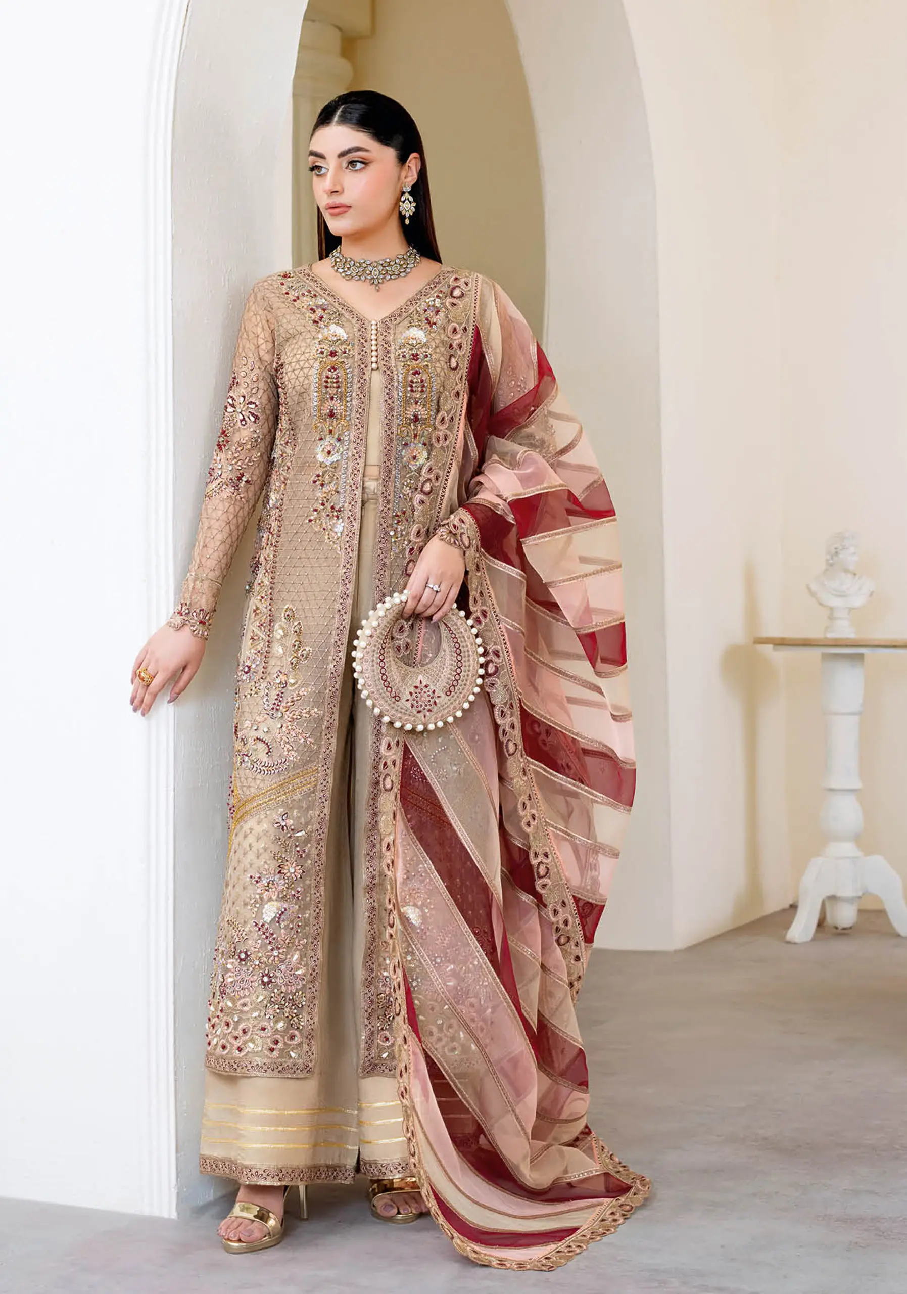 Ramsha Wedding Collection Vol 05 – H-508 Beige & Maroon Net Embroidered Luxury Formal Suit - Image 7
