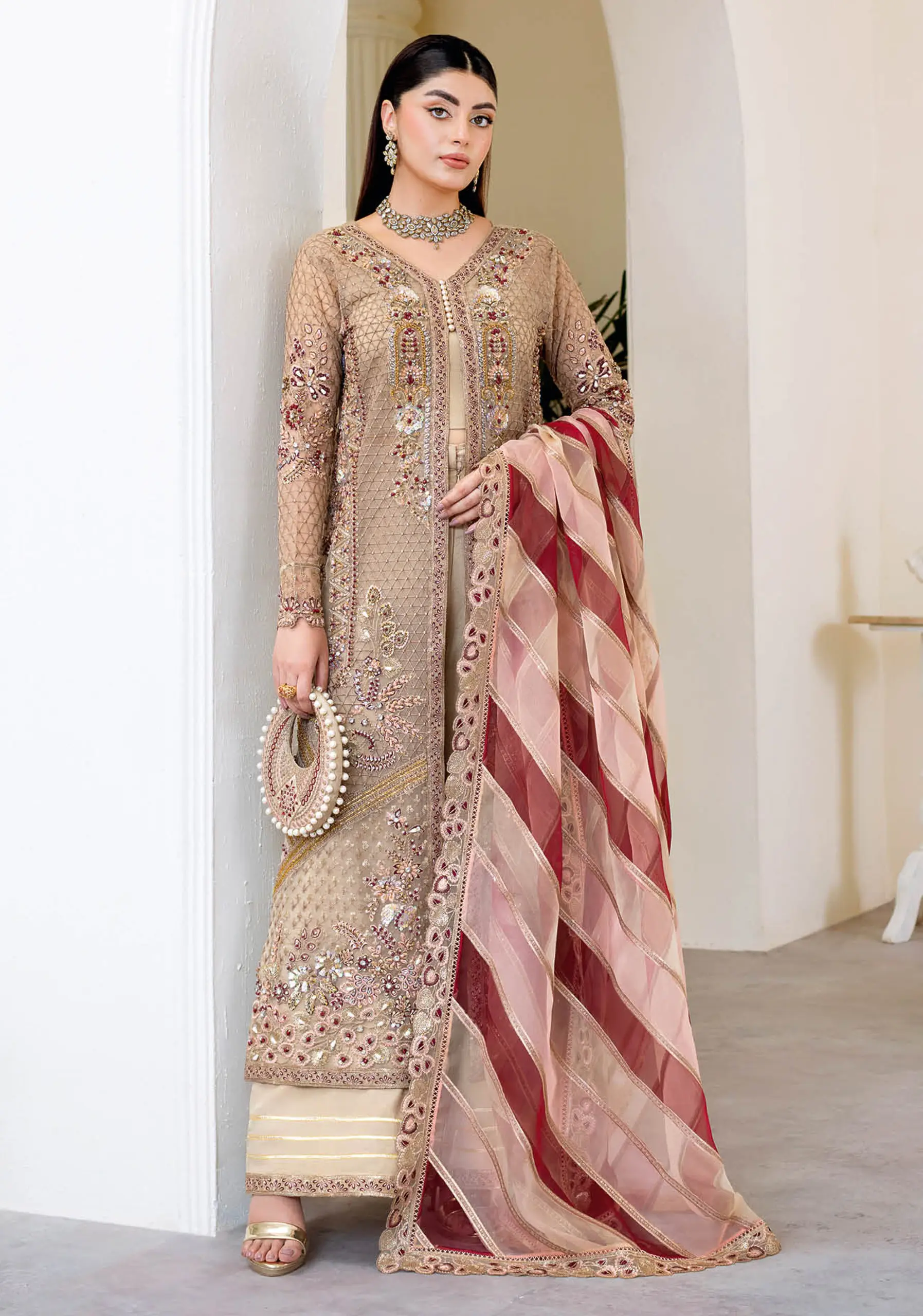 Ramsha Wedding Collection Vol 05 – H-508 Beige & Maroon Net Embroidered Luxury Formal Suit - Image 6