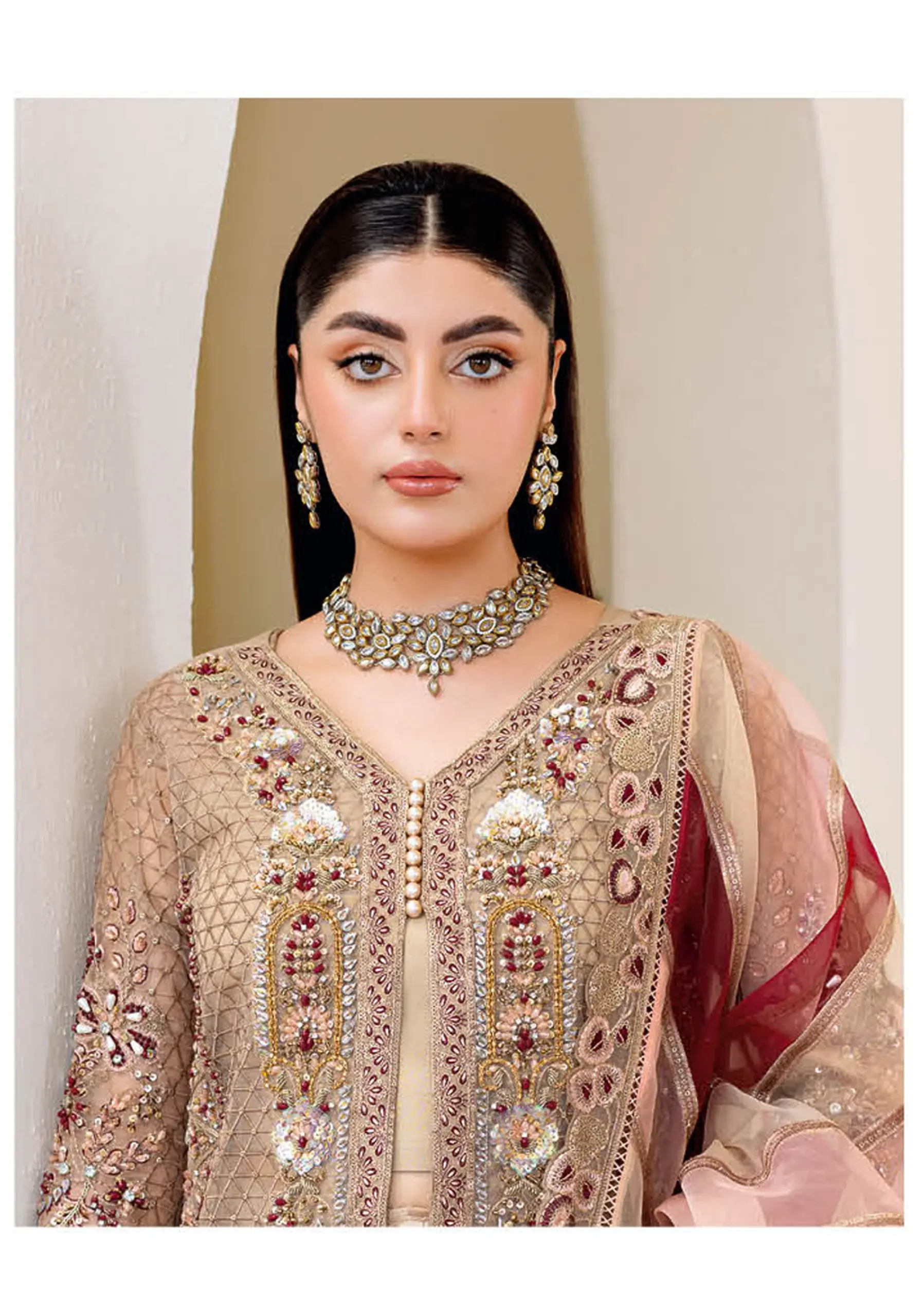 Ramsha Wedding Collection Vol 05 – H-508 Beige & Maroon Net Embroidered Luxury Formal Suit - Image 5