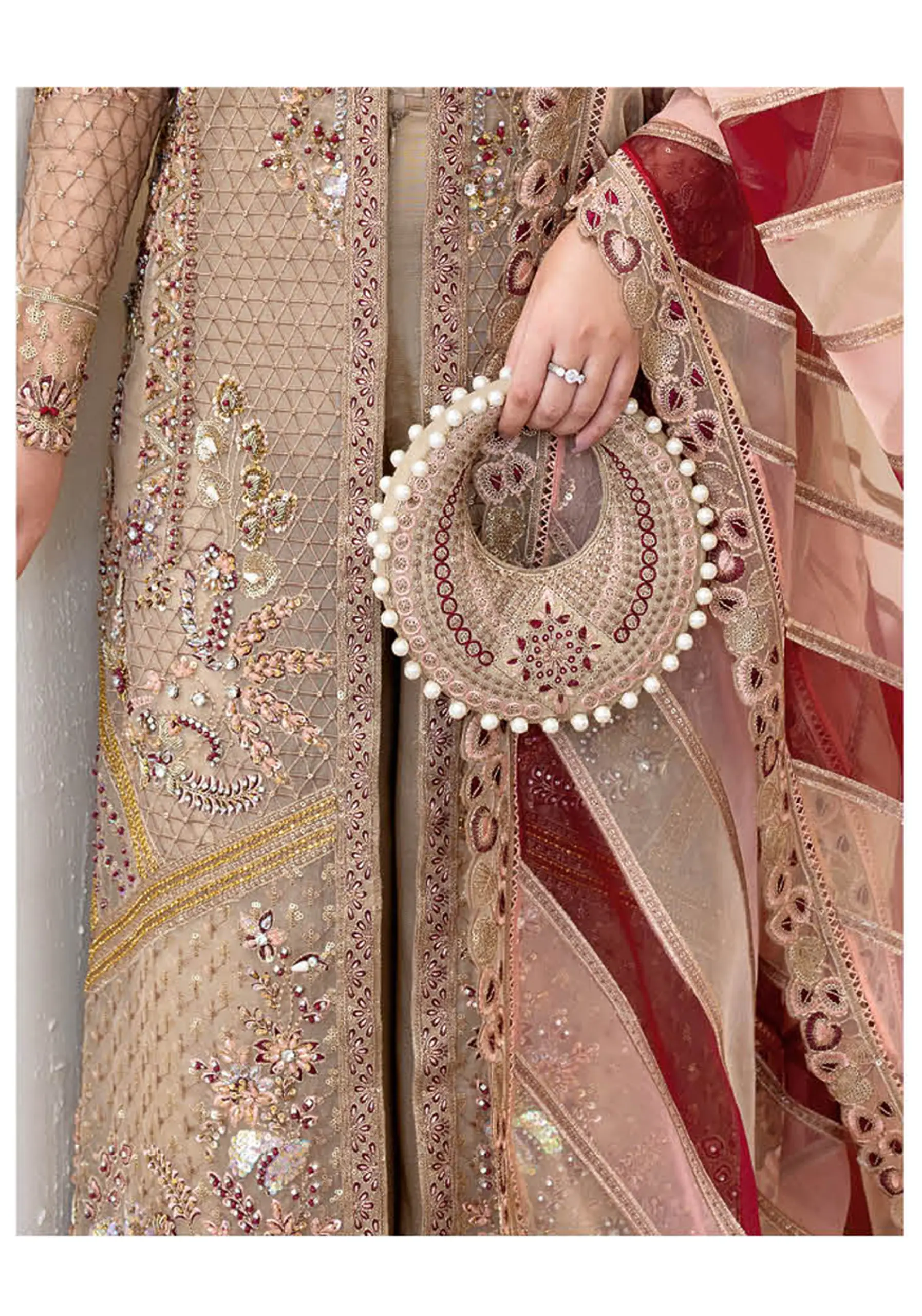Ramsha Wedding Collection Vol 05 – H-508 Beige & Maroon Net Embroidered Luxury Formal Suit - Image 4