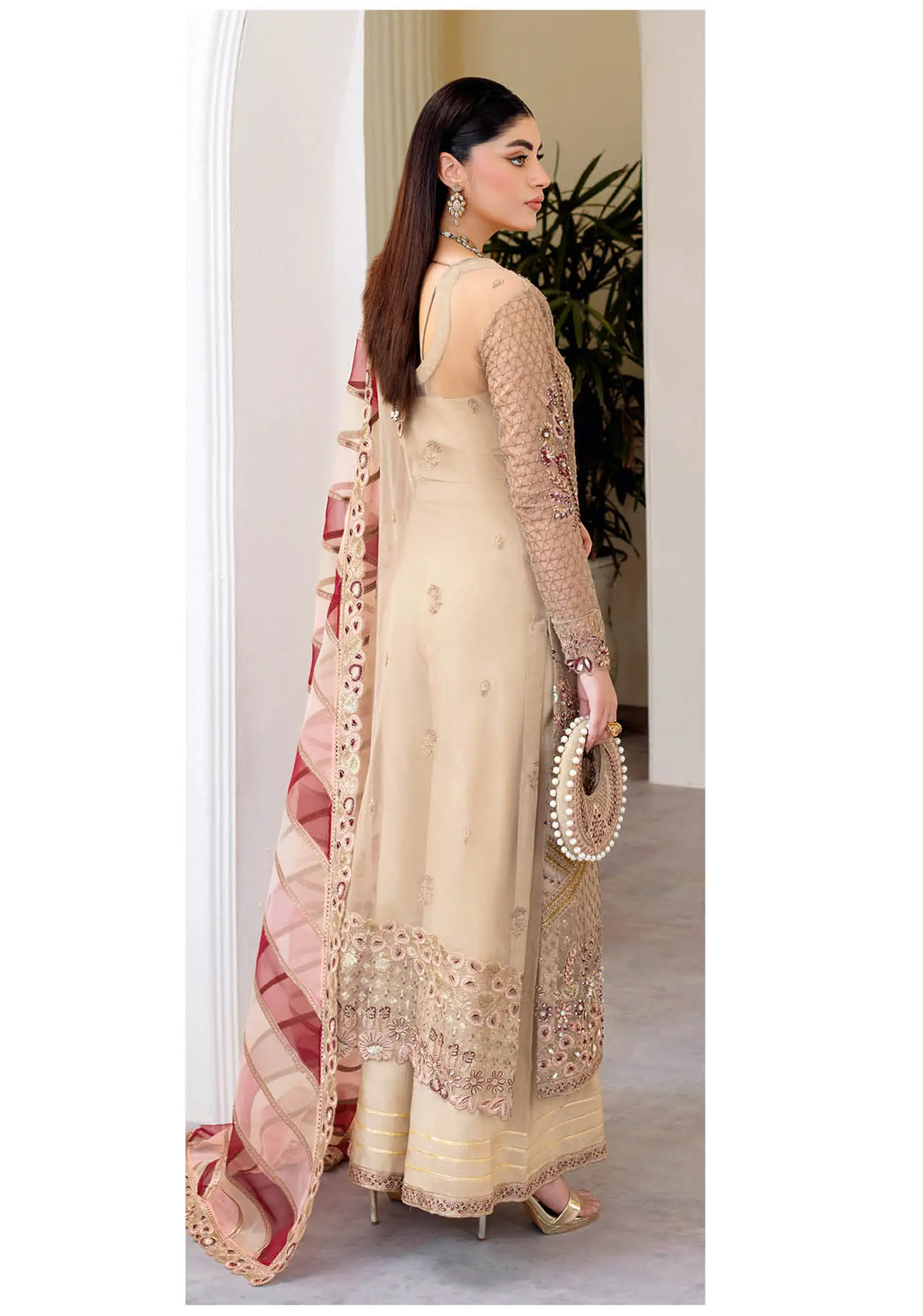 Ramsha Wedding Collection Vol 05 – H-508 Beige & Maroon Net Embroidered Luxury Formal Suit - Image 3