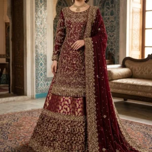 Model wearing a Regal Velvet Maroon Heritage Farshi Lehnga set with intricate hand-made Zari craftsmanship