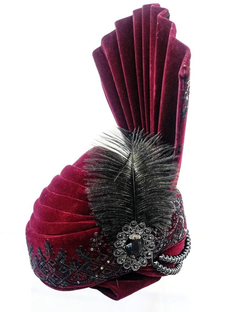 Maroon Velvet Turban with Black Feather & Stone Brooch