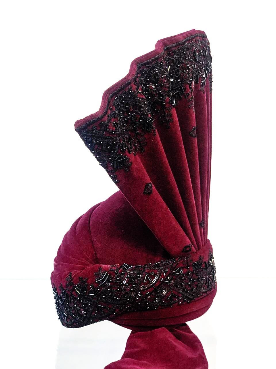 Maroon Velvet Groom Turban with Black Bead Embroidery