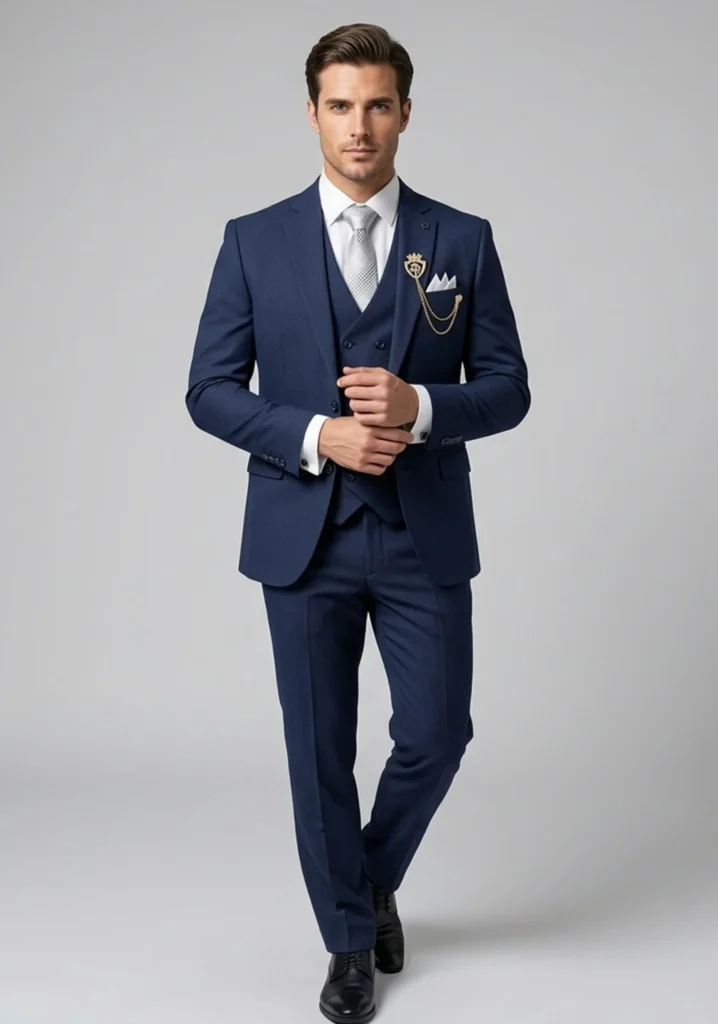 Premium Navy Blue Men’s 3-Piece Suit – Formal Wear with Lion Crest Brooch and Pocket Square