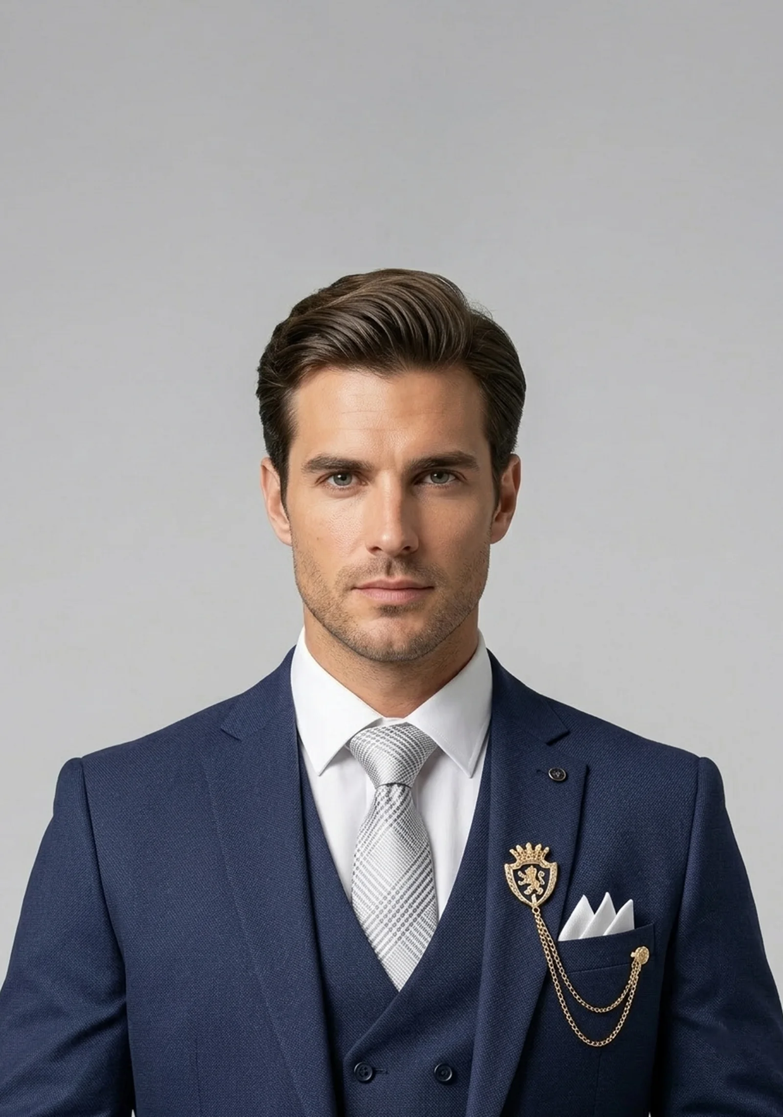 Model wearing the "Royal Crest" Navy Blue premium three-piece formal suit with signature brooch detail.