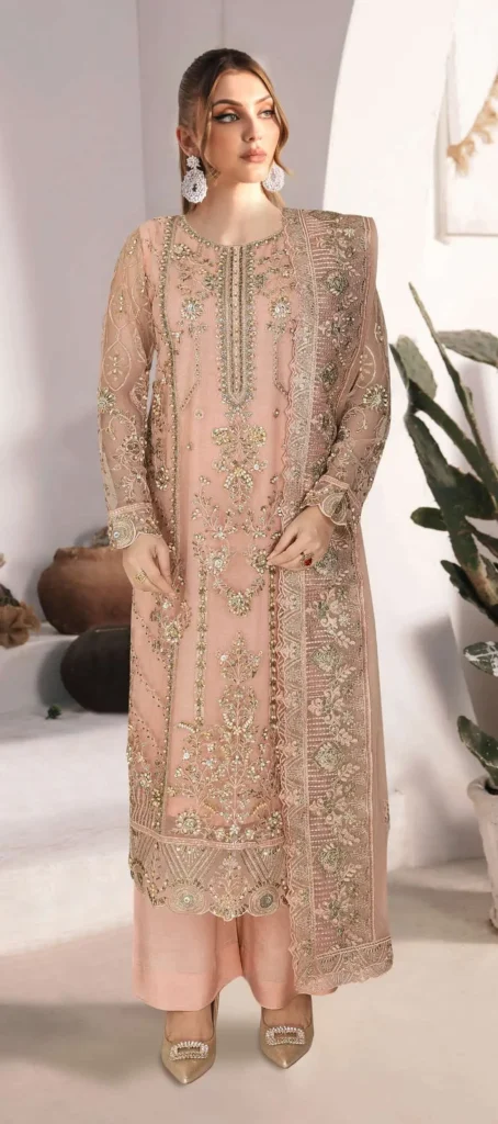 Ramsha WA-431 – Luxury Chiffon Embroidered 3 Piece Suit – Peach1290
