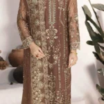 Ramsha WC-431 – Luxury Chiffon Embroidered 3 Piece Suit – Coffee Brown