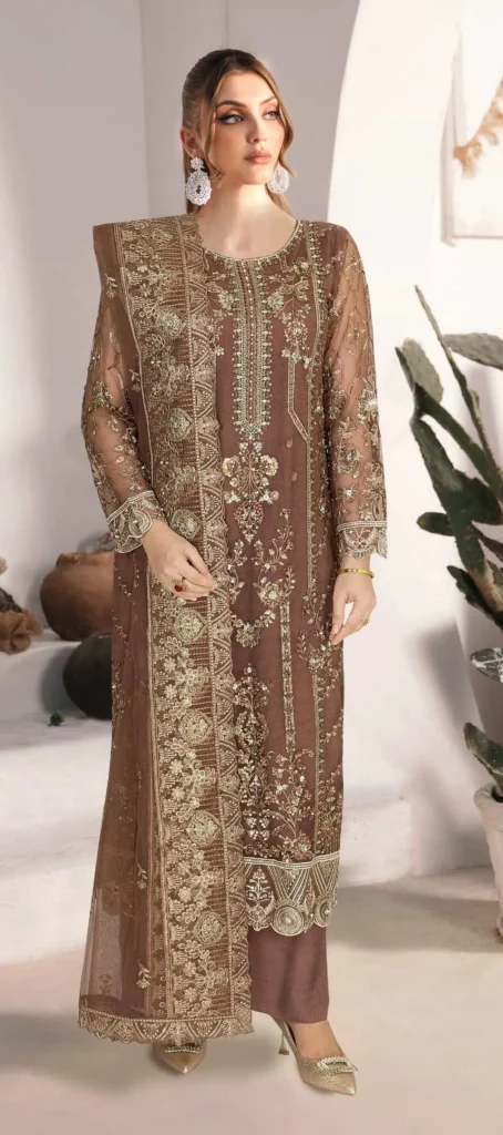 Ramsha WC-431 – Luxury Chiffon Embroidered 3 Piece Suit – Coffee Brown