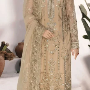 Ramsha WE-431 – Luxury Chiffon Embroidered 3 Piece Suit – Golden Beige