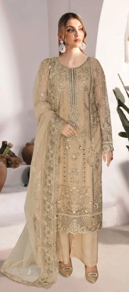 Ramsha WE-431 – Luxury Chiffon Embroidered 3 Piece Suit – Golden Beige
