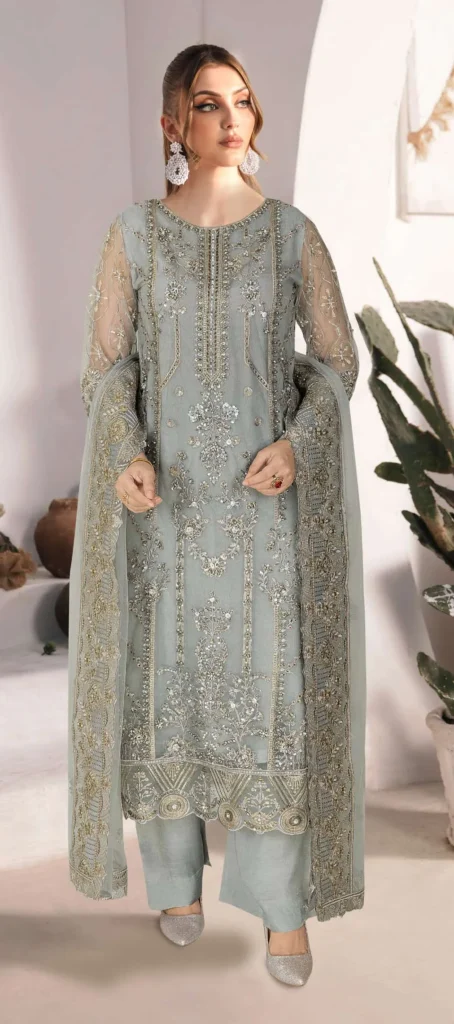 Ramsha WF-431 – Luxury Chiffon Embroidered 3 Piece Suit – Grey