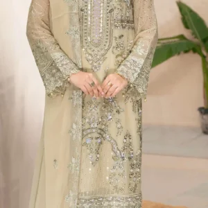 Ramsha WD-540 – Luxury Chiffon Embroidered 3 Piece Suit – Golden Beige