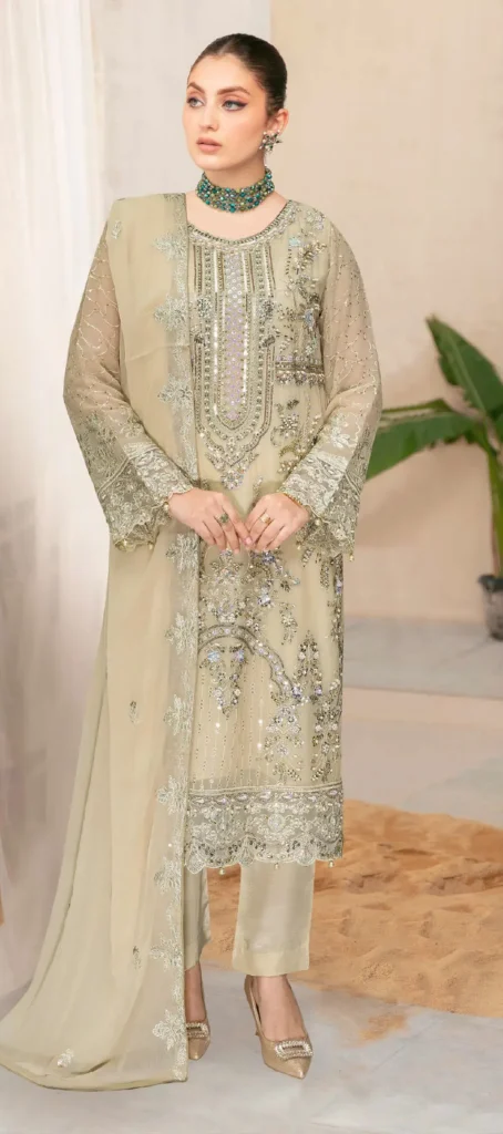 Ramsha WD-540 – Luxury Chiffon Embroidered 3 Piece Suit – Golden Beige